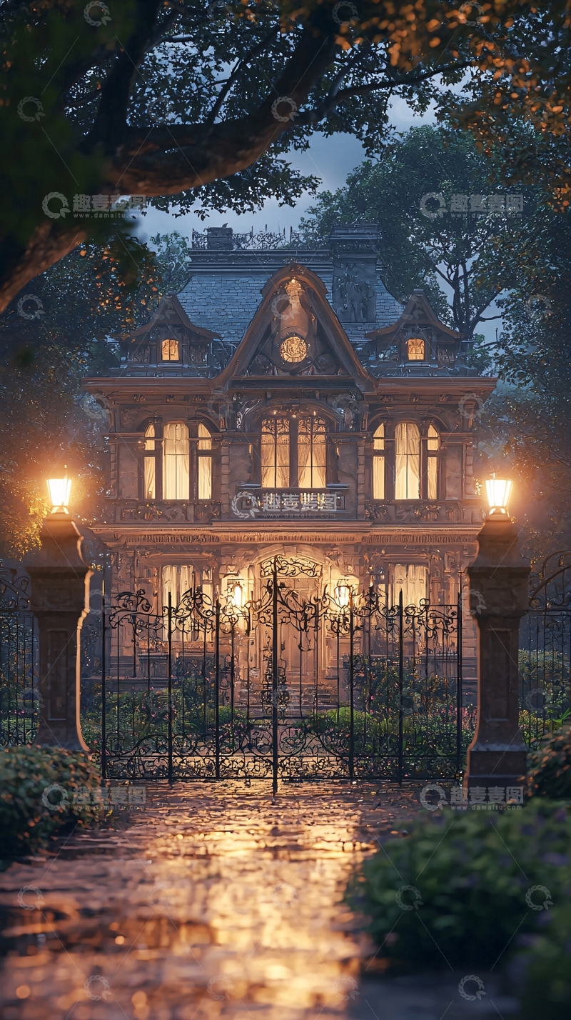 高清大图下载【趣麦麦图】夜晚灯光下的哥特式豪宅