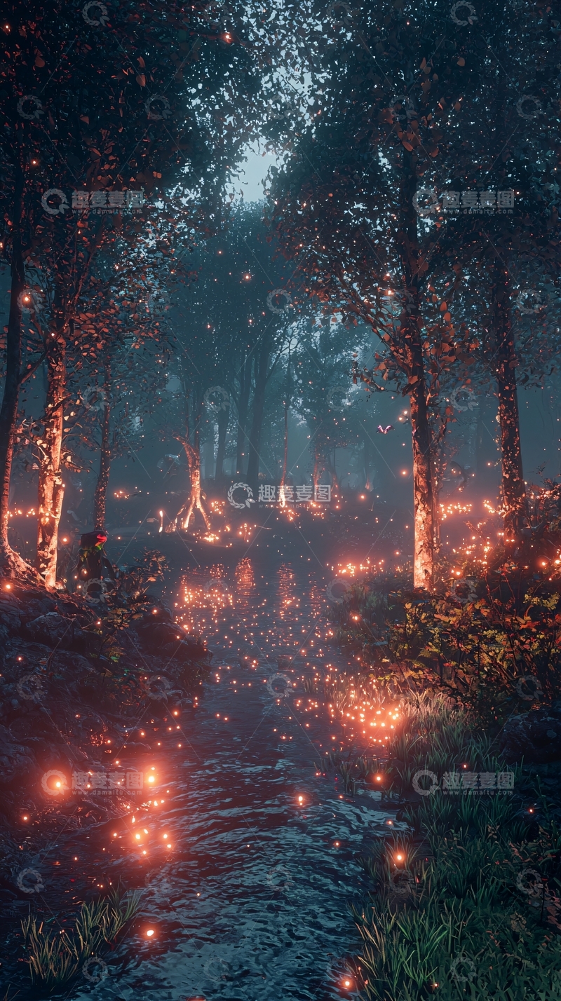 高清大图下载【趣麦麦图】梦幻森林小溪萤火