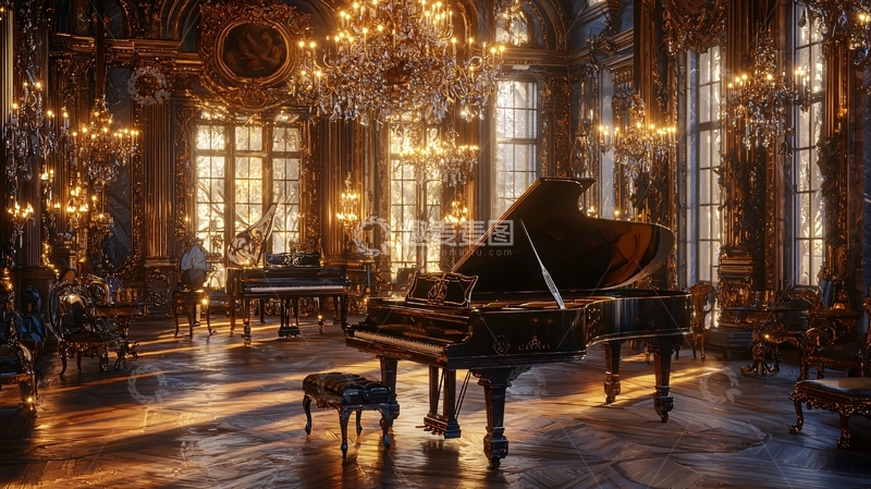 高清大图下载【趣麦麦图】华丽复古欧式宫殿钢琴厅