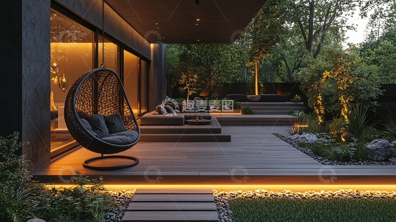 高清大图下载【趣麦麦图】庭院夜景休闲椅