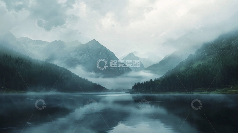 高清大图下载【趣麦麦图】雾气缭绕的山峦湖泊