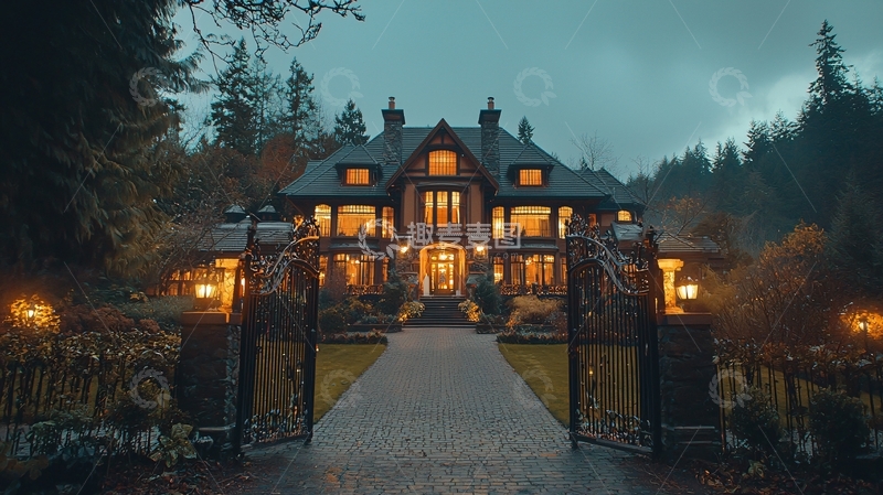 高清大图下载【趣麦麦图】夜晚灯光下的豪华别墅