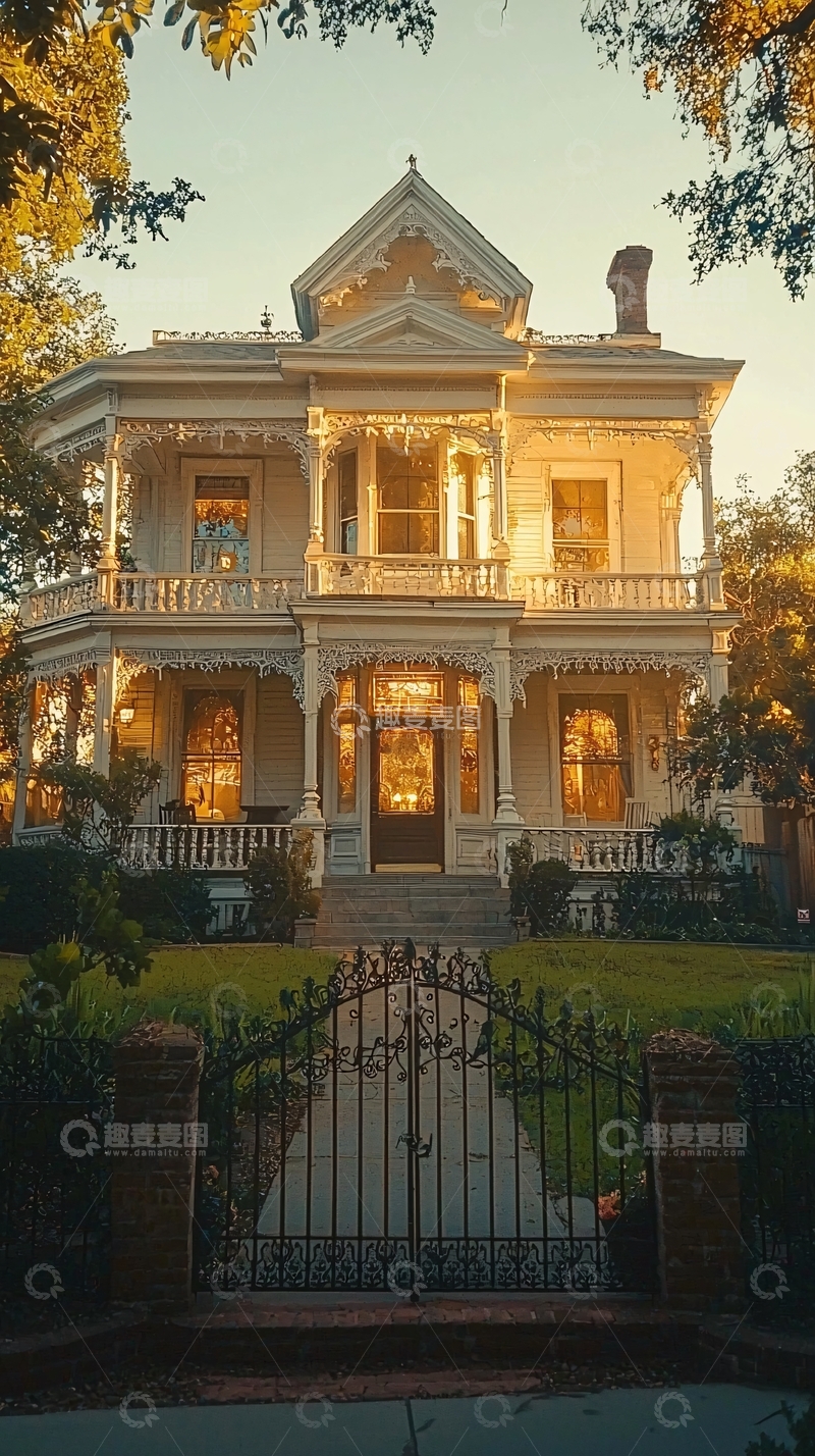 高清大图下载【趣麦麦图】夕阳下的白色复古别墅