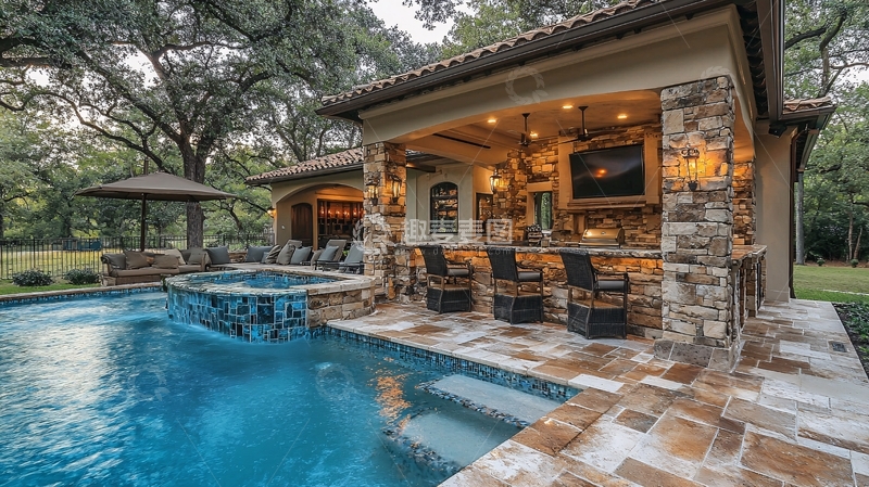 高清大图下载【趣麦麦图】奢华泳池边的户外酒吧