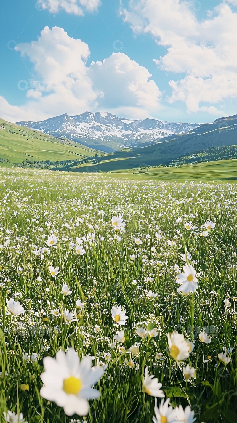 高清大图下载【趣麦麦图】雏菊花海山峦背景
