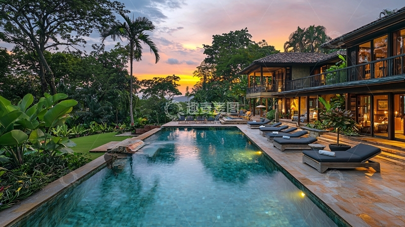 高清大图下载【趣麦麦图】日落时分泳池别墅