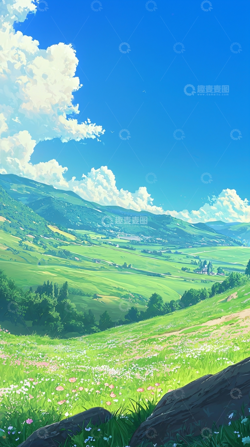 高清大图下载【趣麦麦图】阳光明媚的山谷田园风光