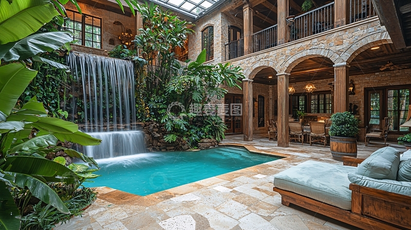 高清大图下载【趣麦麦图】室内泳池瀑布庭院