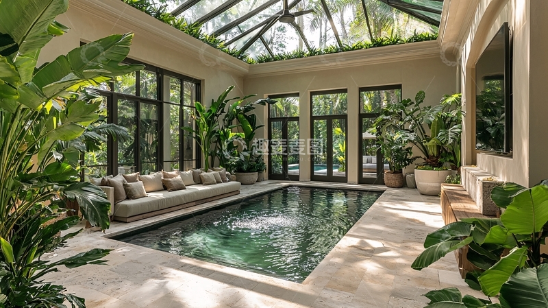 高清大图下载【趣麦麦图】室内泳池热带植物环绕