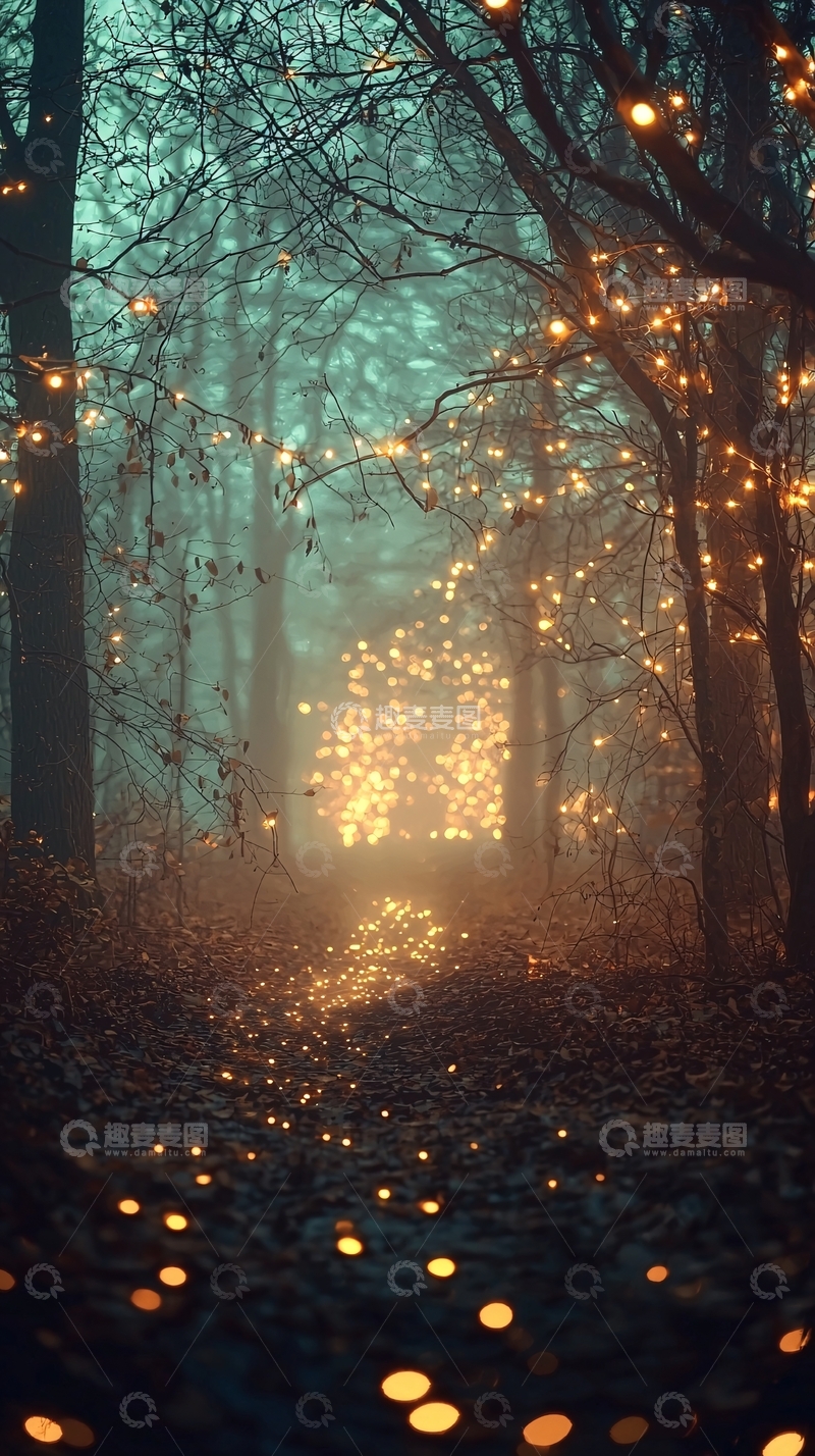 高清大图下载【趣麦麦图】雾气森林小路灯光