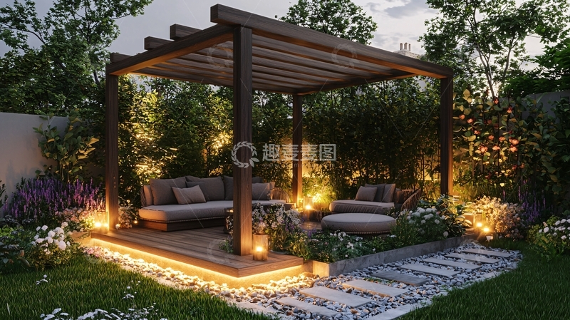 高清大图下载【趣麦麦图】庭院休闲区夜景