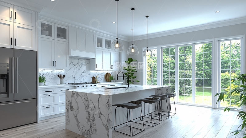 高清大图下载【趣麦麦图】明亮白色厨房大理石岛台