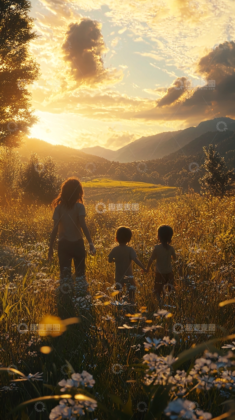 高清大图下载【趣麦麦图】夕阳下母亲带着孩子远行