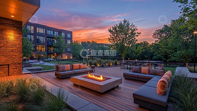 高清大图下载【趣麦麦图】黄昏住宅区户外休闲区