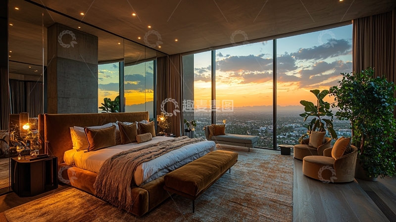 高清大图下载【趣麦麦图】豪华卧室落地窗日落美景