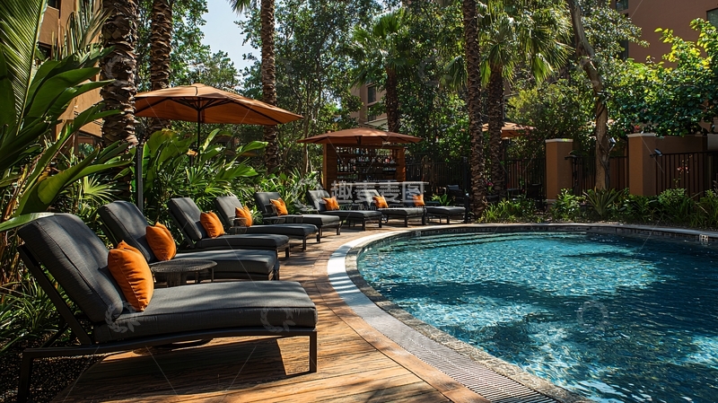 高清大图下载【趣麦麦图】泳池边棕榈树环绕的休闲区