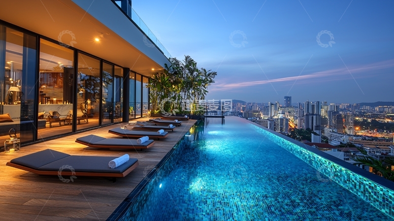高清大图下载【趣麦麦图】豪华酒店无边泳池夜景