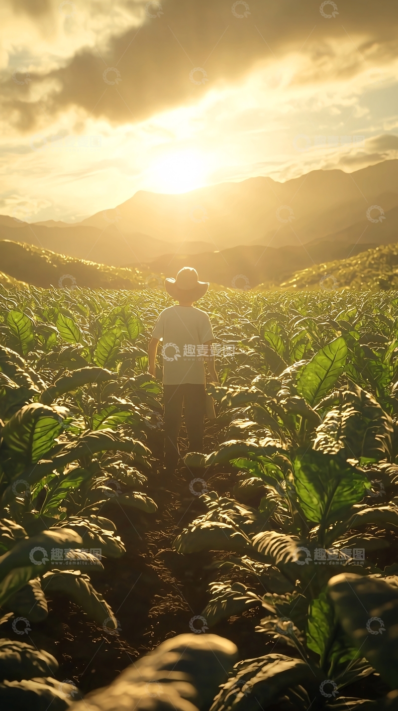 高清大图下载【趣麦麦图】夕阳下田野里的小孩