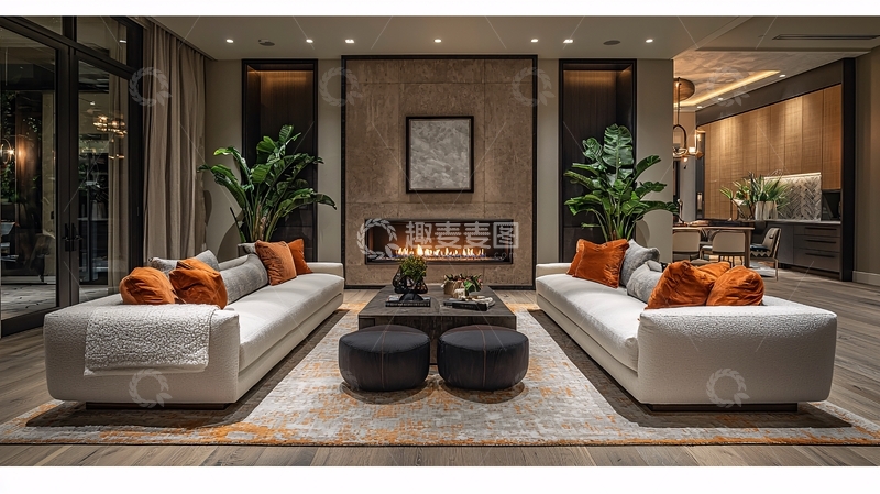 高清大图下载【趣麦麦图】现代客厅壁炉对称沙发