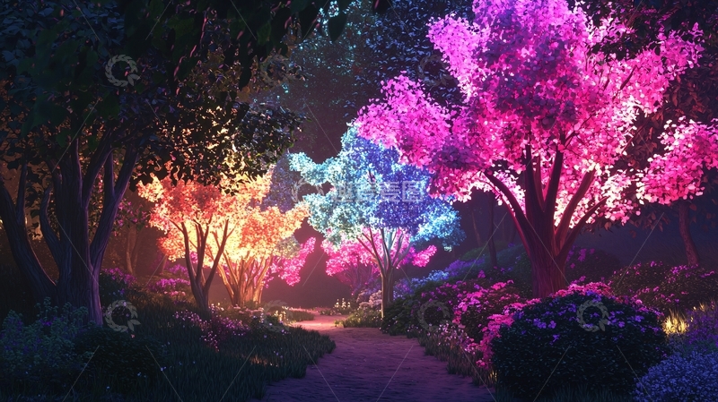 高清大图下载【趣麦麦图】夜晚发光树林小径