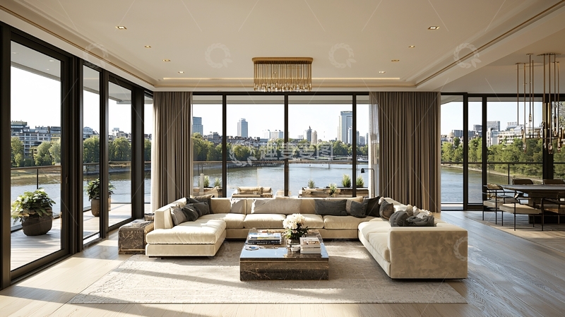 高清大图下载【趣麦麦图】宽敞明亮的湖景客厅
