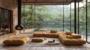 极简风木质房屋湖景客厅