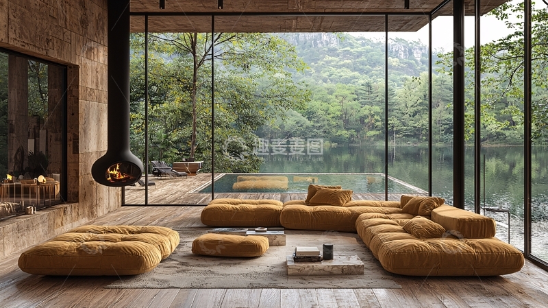 高清大图下载【趣麦麦图】极简风木质房屋湖景客厅