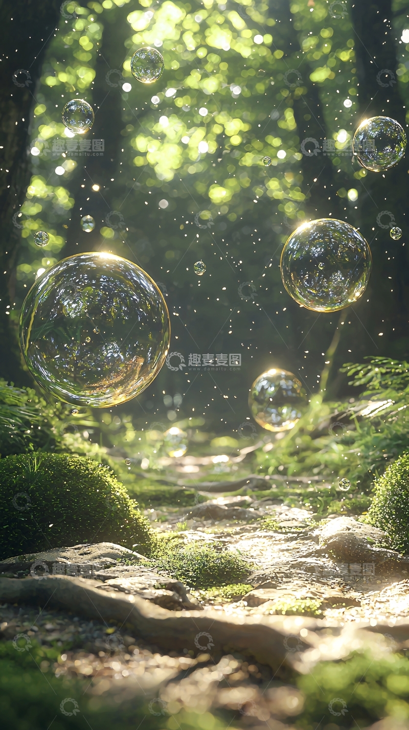 高清大图下载【趣麦麦图】森林溪流泡泡