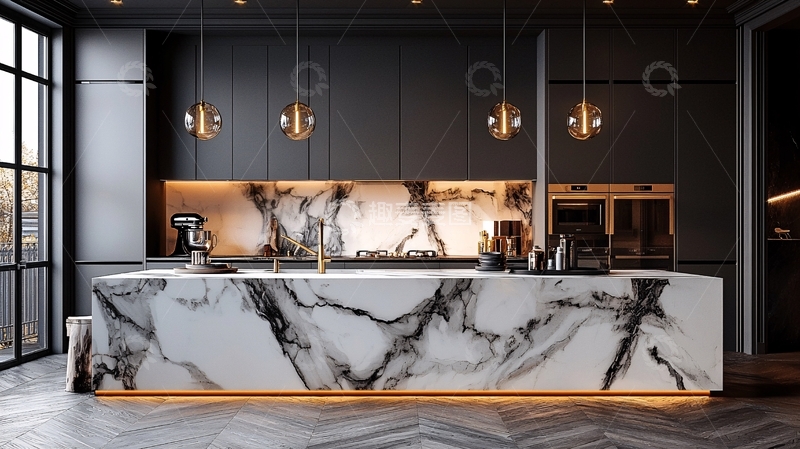 高清大图下载【趣麦麦图】现代黑色厨房大理石岛台
