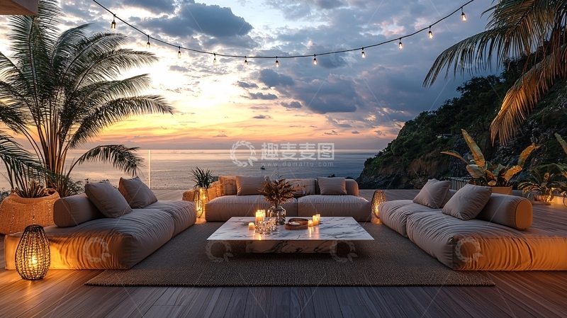 高清大图下载【趣麦麦图】海边露台的傍晚休闲时光