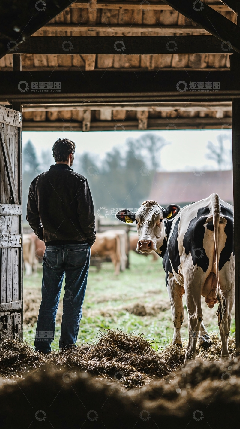 高清大图下载【趣麦麦图】农夫在牛棚里看着奶牛