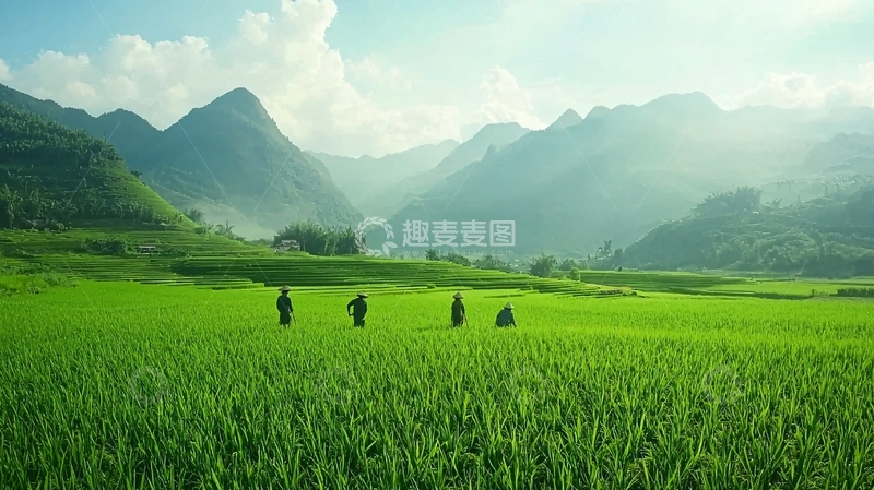 高清大图下载【趣麦麦图】绿色稻田山峦美景