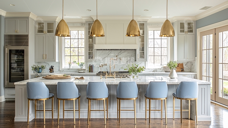 高清大图下载【趣麦麦图】豪华厨房岛台与蓝色吧椅