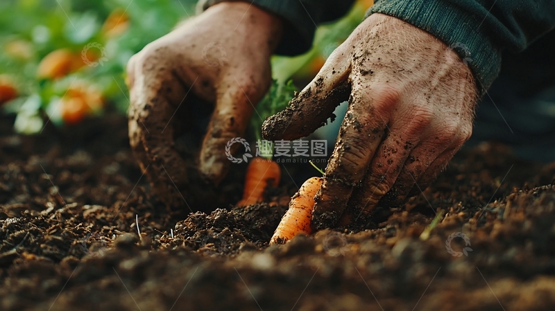 高清大图下载【趣麦麦图】泥土中双手采摘胡萝卜