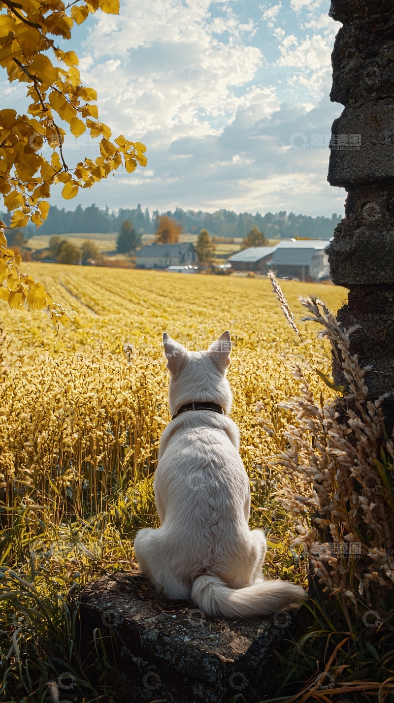 高清大图下载【趣麦麦图】白狗秋日田野远眺