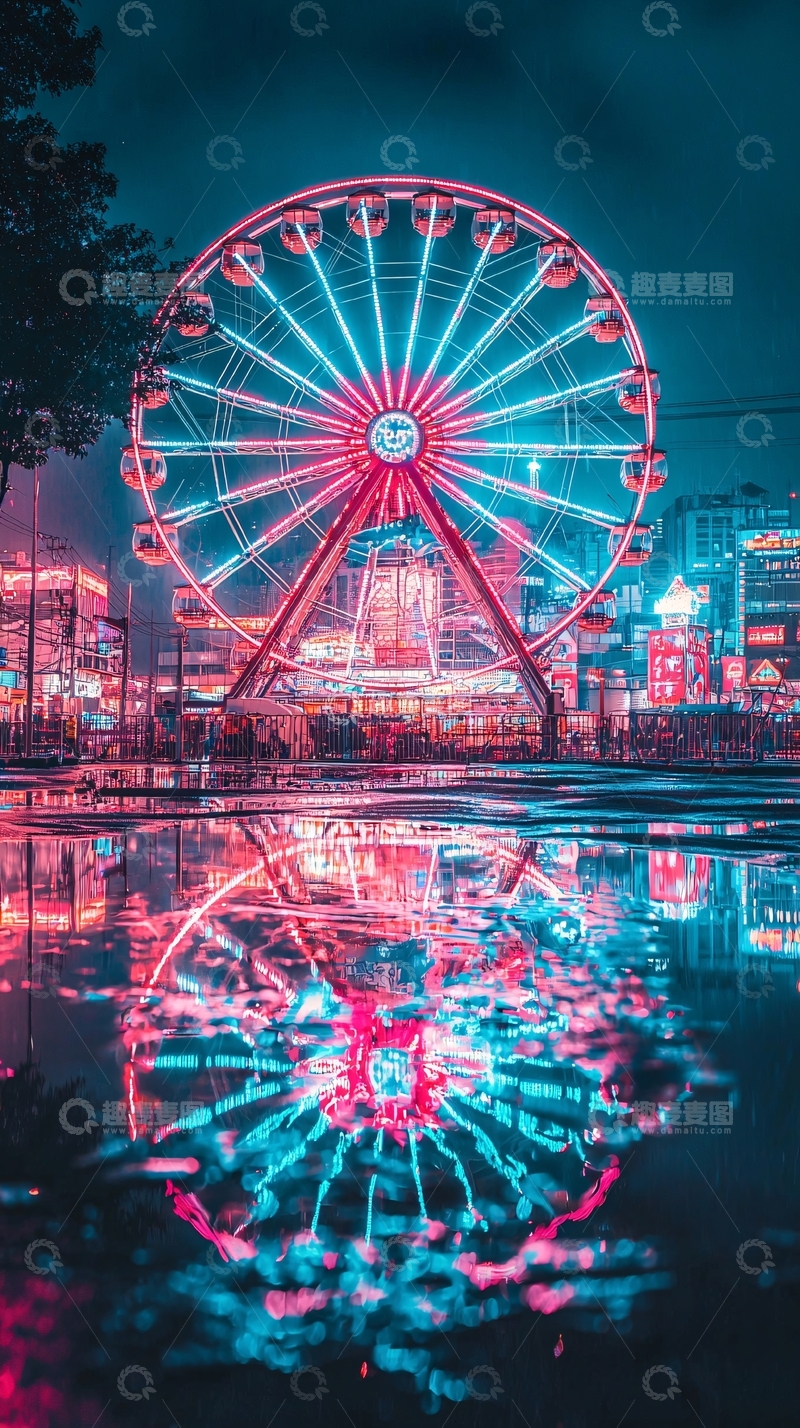 高清大图下载【趣麦麦图】霓虹摩天轮夜景倒影