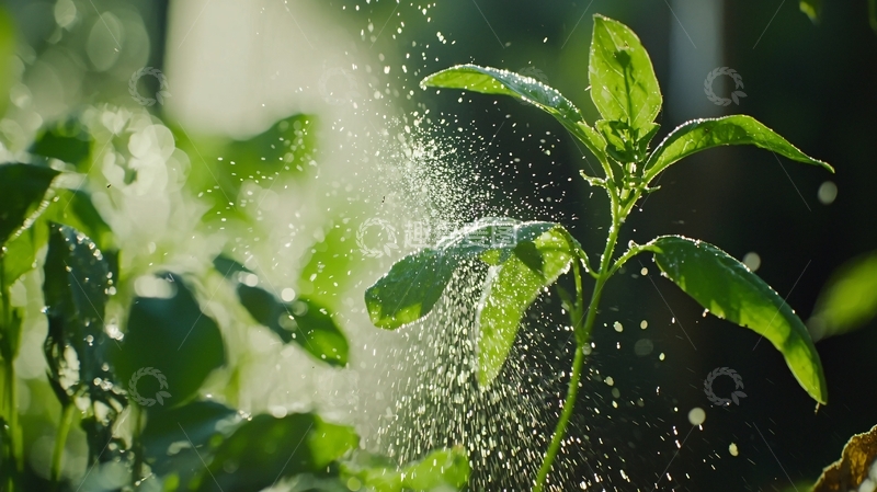 高清大图下载【趣麦麦图】阳光下绿叶洒水