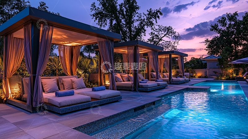 高清大图下载【趣麦麦图】泳池边带有遮阳棚的休闲躺椅