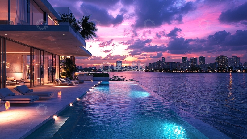 高清大图下载【趣麦麦图】海边豪宅夜景