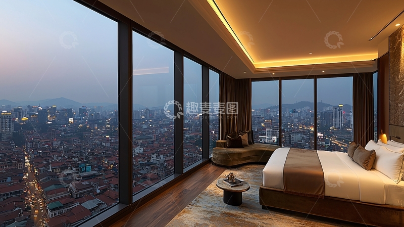 高清大图下载【趣麦麦图】落地窗卧室夜景