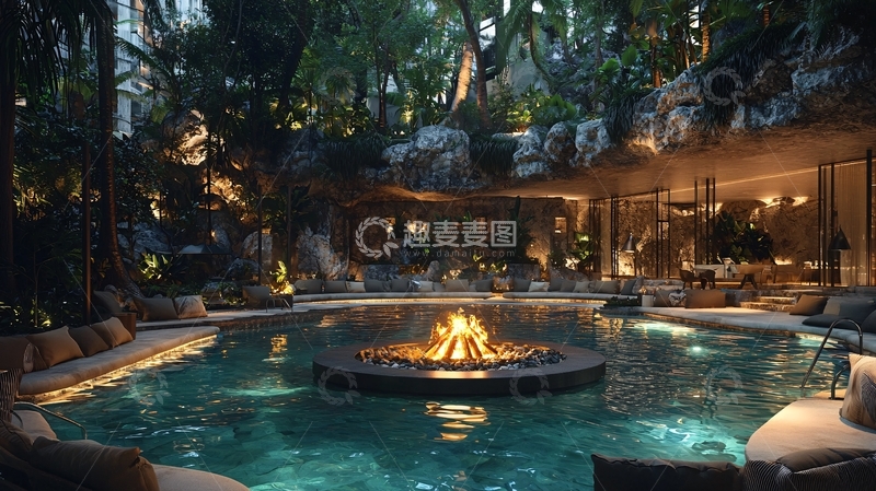 高清大图下载【趣麦麦图】豪华泳池篝火派对