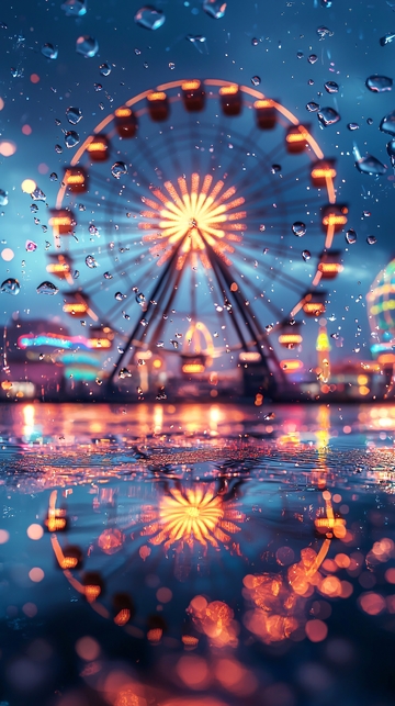 雨中摩天轮夜景