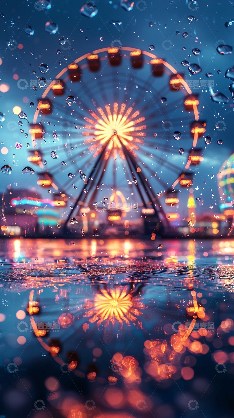 高清大图下载【趣麦麦图】雨中摩天轮夜景
