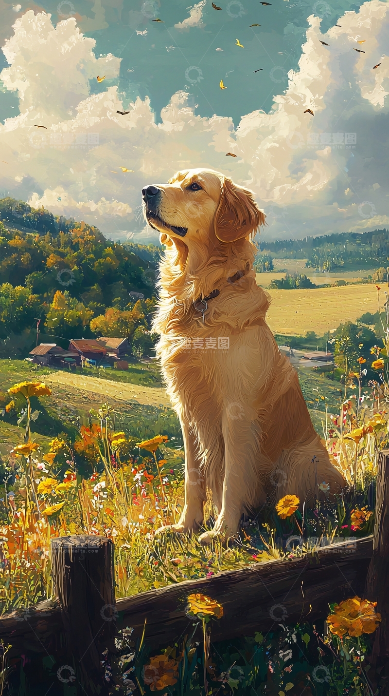 高清大图下载【趣麦麦图】金毛犬田园风景画