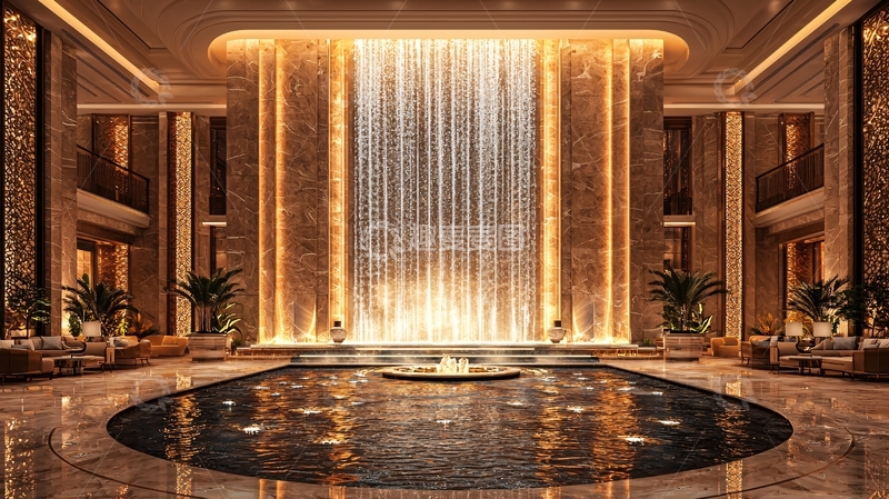 高清大图下载【趣麦麦图】奢华酒店大堂瀑布水景