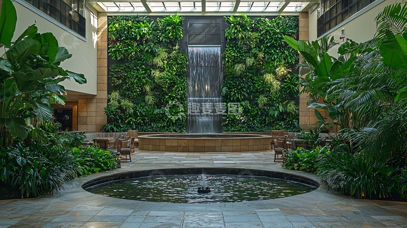 高清大图下载【趣麦麦图】室内绿植景观瀑布水池