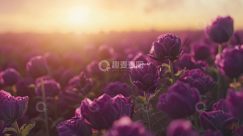 高清大图下载【趣麦麦图】日落时分的紫色郁金香花田