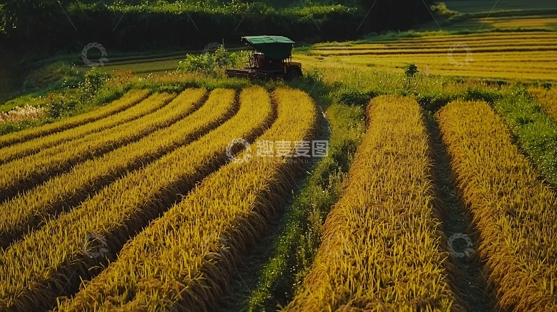 高清大图下载【趣麦麦图】金色稻田梯田收割机