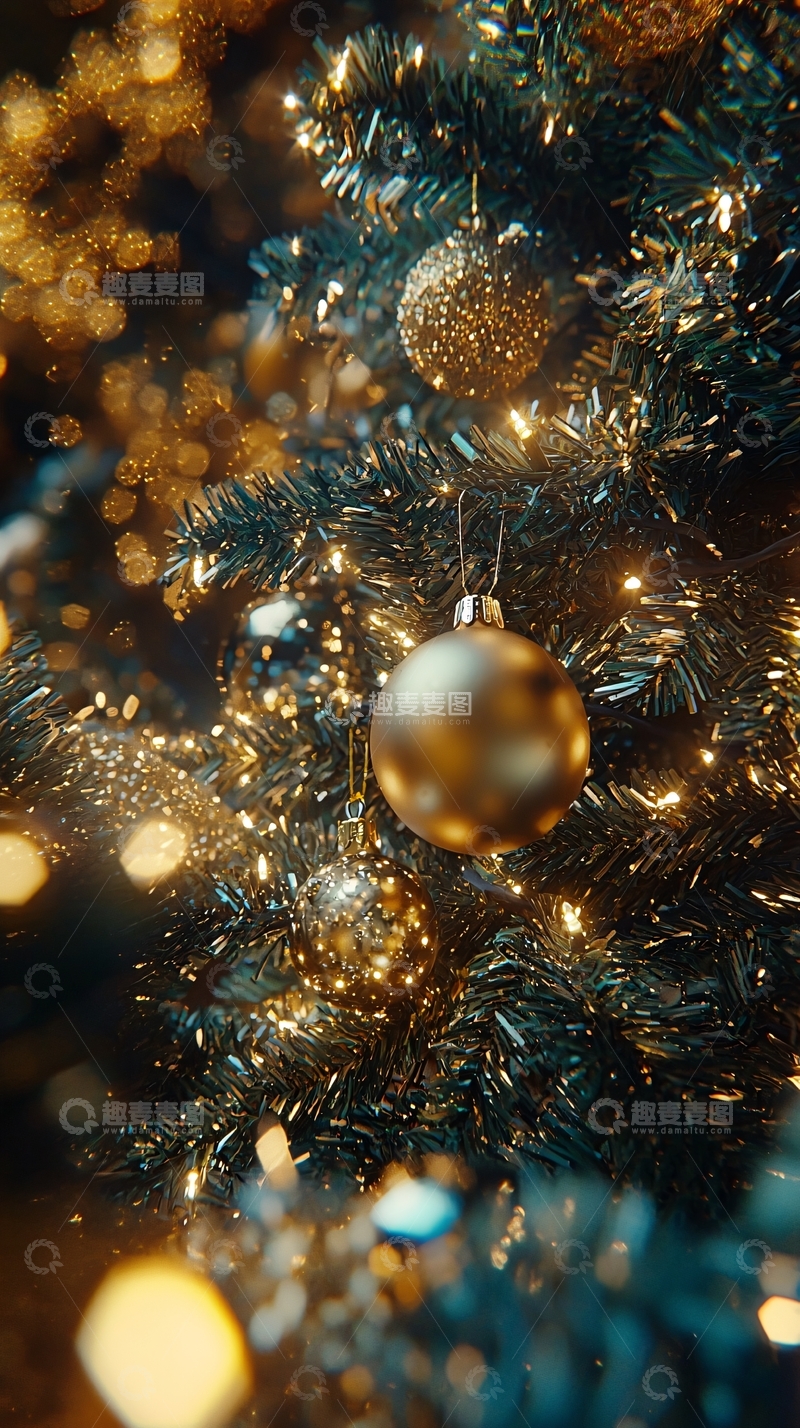 高清大图下载【趣麦麦图】金色圣诞树装饰特写