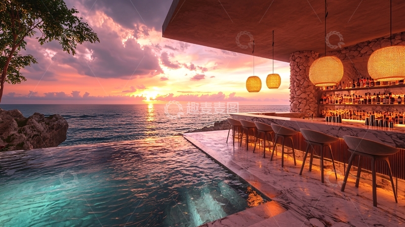 高清大图下载【趣麦麦图】海边落日酒吧美景